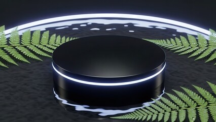 Modern black podium with neon light and green ferns