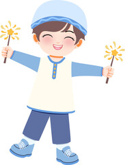A young child happily holding fireworks sparklers in both hands on a white background