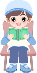 A young child sitting on a chair, engrossed in reading a quran