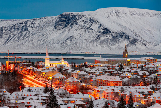 Reykjavik, the capital city of Iceland, at winter in evening