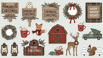 Rustic Christmas elements set with winter woodland themes