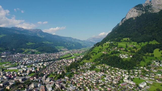 An aerial panorama view around the downtown of the city Sargans in Switzerland on a sunny summer day 