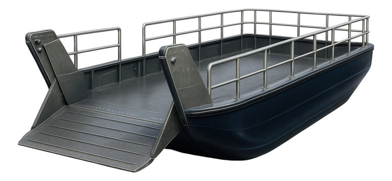 Flat-bottom landing barge featuring a folding bow door and railing.