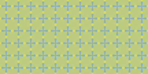 Geometric Pattern with Blue and Yellow Crosses on Green Background