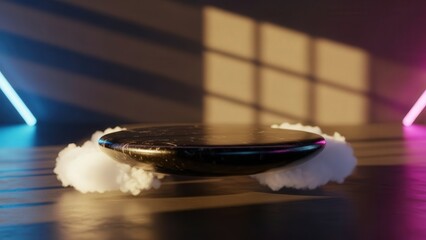 Modern wireless speaker on soft surface with neon lights