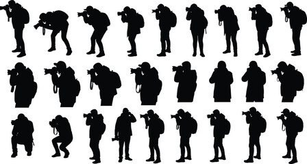 Photographer silhouette set with professional camera poses shooting photos isolated on white background black people vector illustration collection © Hey There