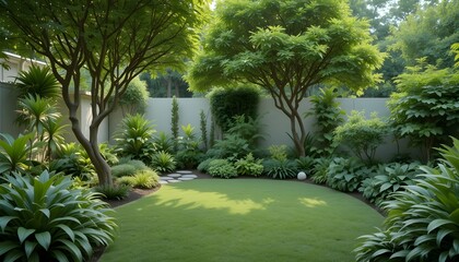Green backyard garden scene with soft tones and minimal clean style.”
