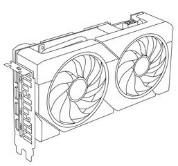 Outline illustration of a video card with two cooling fans. Drawn video card for a modern gaming PC, a component for building or upgrading a computer. Video game equipment