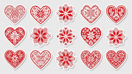 Red heart and snowflake stickers collection for winter design