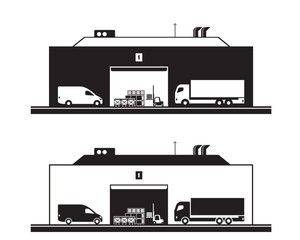Forklift carry pallets to truck and van in warehouse - vector illustration