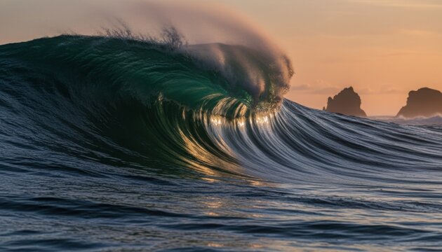 Powerful turquoise ocean wave curling and crashing during golden hour with silhouettes of rocky islands visible in distance