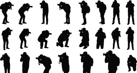 Photographer silhouette collection showing camera shooting poses isolated on white background media journalism paparazzi photography concept professional press people illustration © Hey There