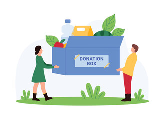 Charity, help of volunteers, public awareness of need for philanthropy. Tiny people give basket with grocery food kit, hold donation box with supermarket products cartoon vector illustration