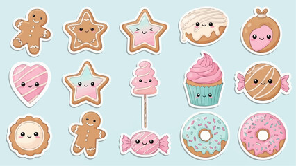 Cute cartoon pastries and desserts collection on light blue background