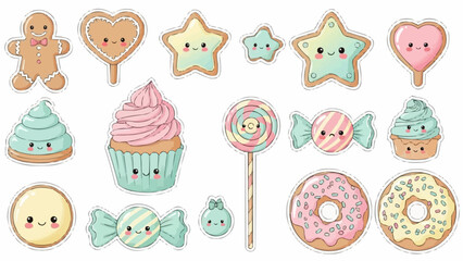 Colorful cartoon sweets and baked goods stickers with smiling faces