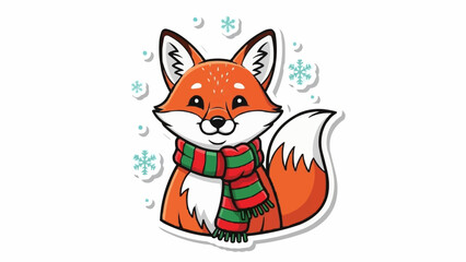 Cute cartoon fox wearing red and green striped scarf in snow
