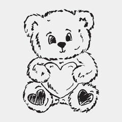 Hand drawn fluffy teddy bear sitting and holding a large heart. Love, gift, birthday present. Vector sketch illustration in vintage crayon charcoal style