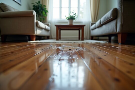 Close-up of a flooded living room floor displaying the extensive damage caused by a water leak to furniture and flooring.