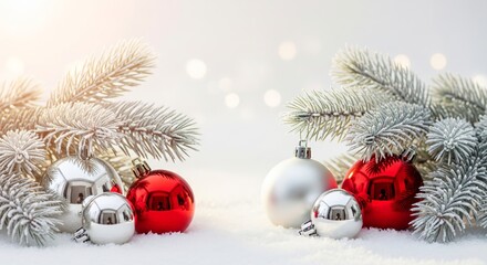 Christmas decoration with traditional festive ornament. New Year holiday background with red and silver bauble on snow under fir tree branch. copy space
