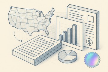 Fototapeta premium Detailed financial analysis tools including US map, data charts, reports and statistical documents conveying economic growth trends enhancing business decisions and strategic planning