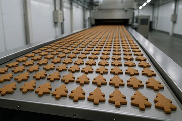 Naklejka premium Conveyor of gingerbread cookies in industrial bakery setting for mass production. concept of holiday sweets, baking industry efficiency, festive treat production