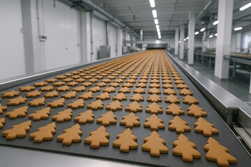 Naklejka premium Industrial production of gingerbread cookies on factory conveyor belt. concept of mass production, cookie manufacturing, gingerbread baking