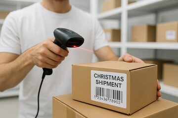 Person scanning christmas shipment box with barcode scanner in warehouse environment. concept of festive parcel processing, holiday supply chain, e-commerce logistics