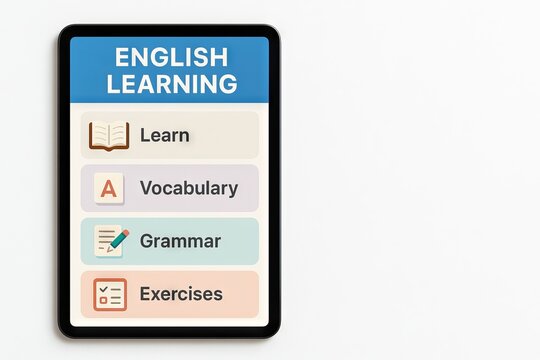 Tablet displaying english learning app interface with categories for vocabulary, grammar, and exercises. concept of language education, mobile learning, digital study tools, copy space