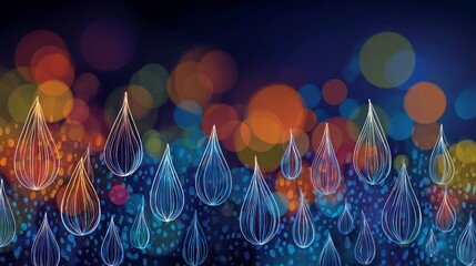 Digital art featuring translucent water droplets with internal lines, overlaying a bokeh effect background with various colors