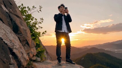 Man on mountain peak using smartphone at sunset.