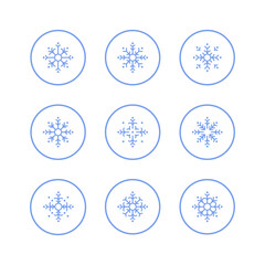 Flake of snow decor element. New Year's ball set with snowflakes. New year's traditional winter symbol. Christmas ornament.