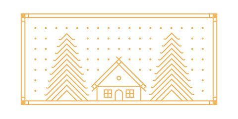 Holiday background. Fir tree illustration with frame. Modern abstract linear shape and new year's traditional decor elements.