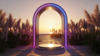 Neon archway overlooking serene water body at sunset