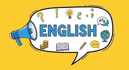Blue megaphone speaking English word with educational symbols. Concept of language learning, communication, and global education for school or online course.