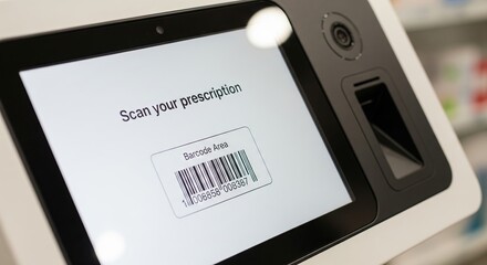 Device displaying scan your prescription prompt with barcode area on screen. Automated medical dispensing machine for pharmacy service.