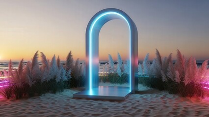 Glowing arch on the beach at sunset