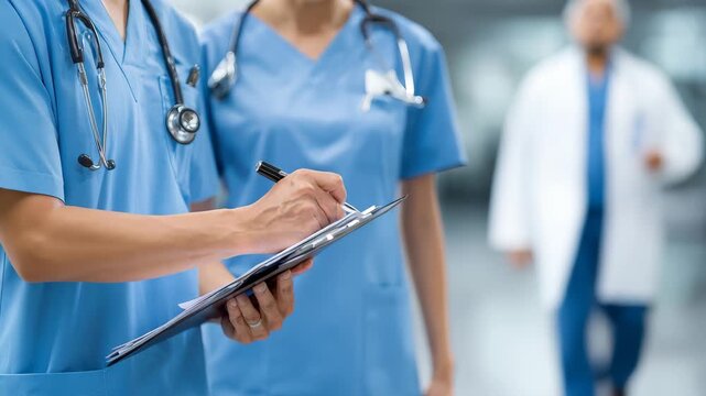 Doctor and nurse conduct patient rounds in a busy hospital corridor during afternoon shift focusing on healthcare assessment and collaborative care