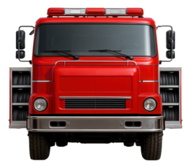 Fire vehicle featuring a spacious water tank and accessible hose storage areas.