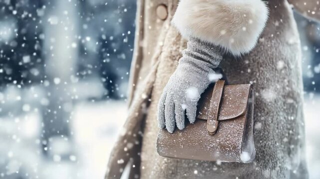 Woman in fur coat during heavy winter snowfall