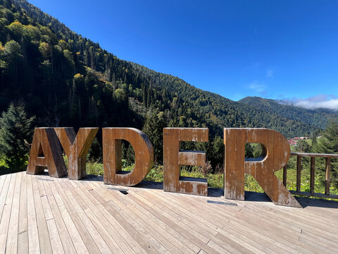 Ayder Sign and Forest in Kackar Mountain, Ayder, Rize, Turkiye