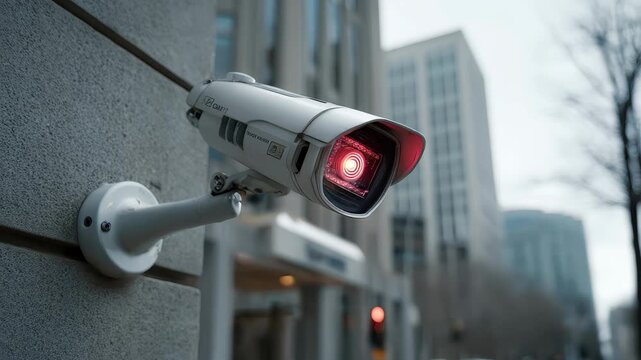 Advanced CCTV camera surveillance system mounted on a building in an urban area during overcast weather, ensuring security and monitoring of the surroundings effectively