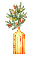 Winter bouquet in a yellow bottle. Watercolor illustration, poster, postcard.