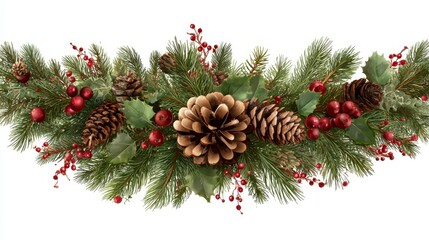 Festive garland featuring pinecones, red berries, and evergreen foliage. A symmetrical, decorative border for holidays