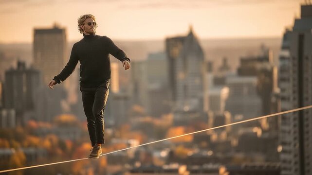 Balancing act on a high wire in the city skyline during sunset