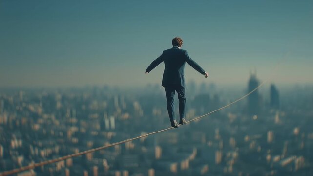 Balancing on a tightrope high above the city skyline at sunset