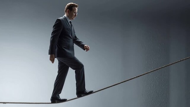 Man walks on a tightrope in formal wear during a performance indoors