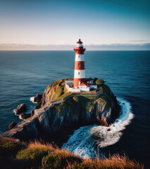 Striped Lighthouse Over Rugged Coastal Cliffs
