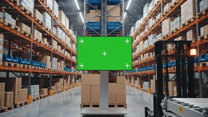 Modern warehouse interior with shelves full of boxes and a digital display screen. - Powered by Adobe