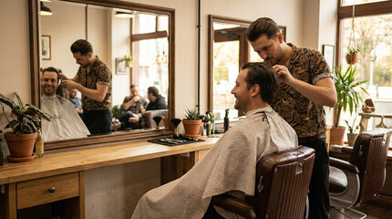 Realistic barbershop moment showing a man watching his haircut in the mirror. Reflections, soft lighting, and natural details create depth and authenticity in men’s grooming.
