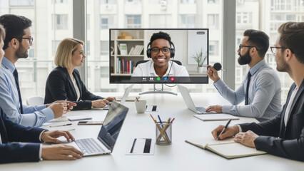 Diverse Business Team Interacting in a Hybrid Boardroom Meeting with a Cheerful Remote Participant high quality,4K